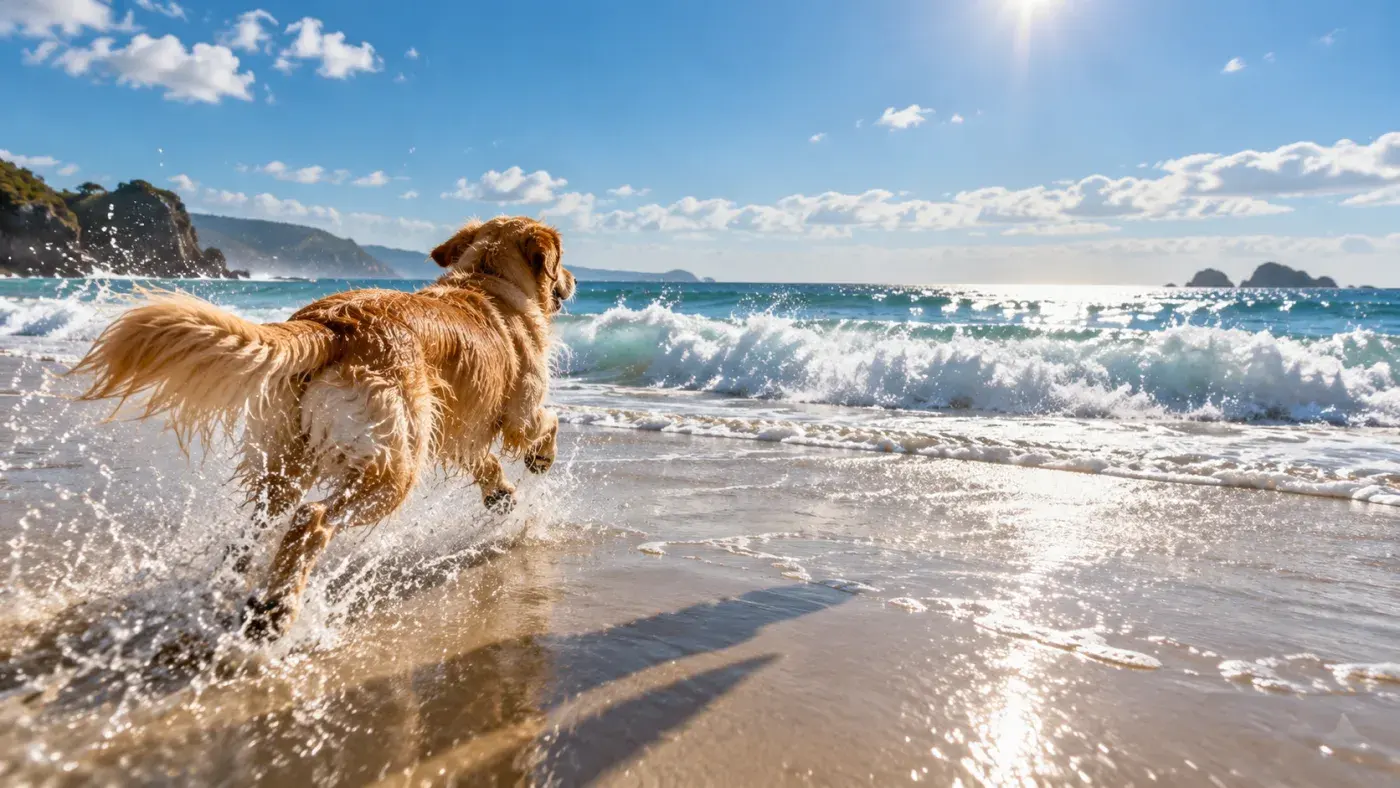 Ein Golden Retriever laeuft am sonnigen Strand durch flaches Wasser auf die Brandung zu