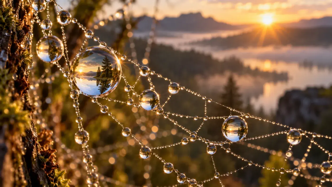 Makroaufnahme von Tautropfen in einem Spinnennetz bei Sonnenaufgang, jeder Tropfen bricht See und Huegel dahinter
