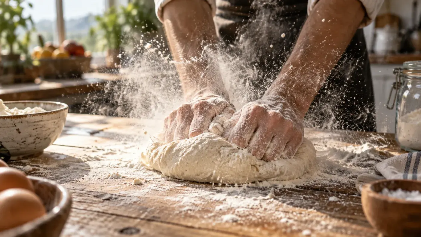 Mehl wirbelt auf, waehrend zwei Haende Brotteig auf einem Holztisch kneten