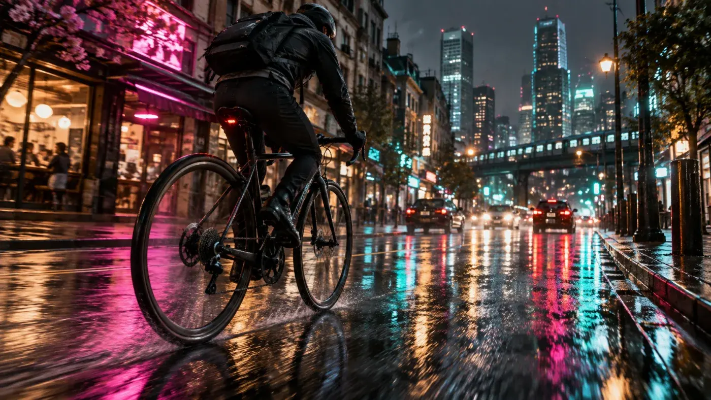 Ein Radfahrer von hinten auf einer regennassen Stadtstrasse bei Nacht, pinkes und turkises Neon spiegelt sich im Asphalt